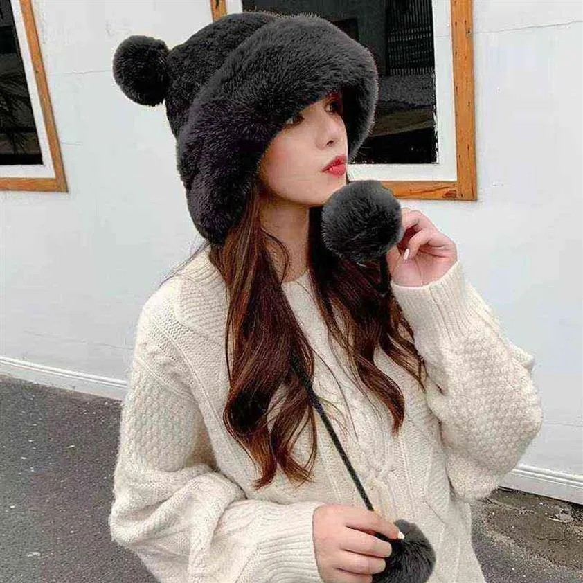 Black Wool Ball Russian Snow Winter Fluffy Plush Thick Fur Hat Faux Fox Furry Cap Head Warmer Outdoor Headgear Women Girl Men Y21319V