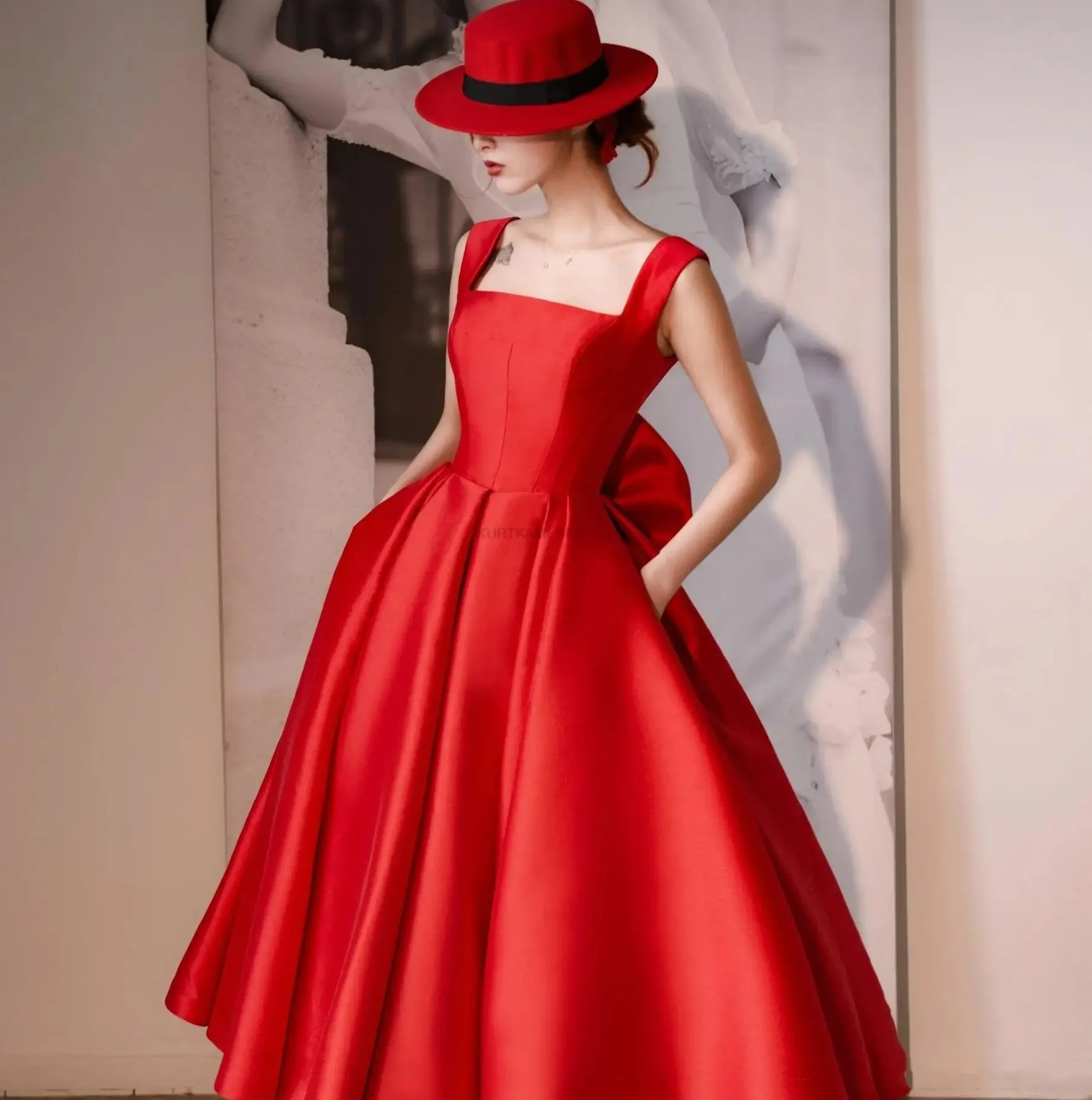 Elegant Square Necked Red Dress with Bow Elegant Square Necked Red Dress with Bow