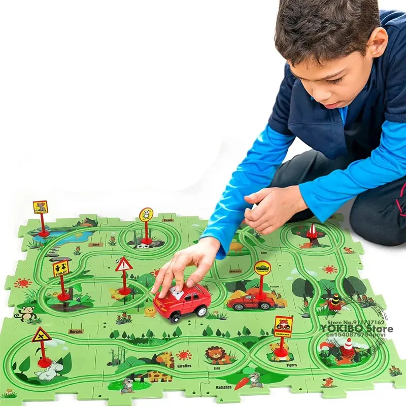 Quebra-cabeças 3D Jogo de tabuleiro lógico para crianças Jigsaw Toys Race Car Track Slot Rail Monetssori Educacional 231218