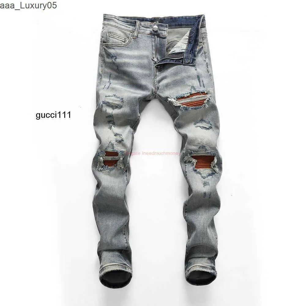 Broken Street amari Jeans es amirl Uomo amirlies Abbigliamento es am Pantaloni denim amis High imiri Marchio di moda amiiri Wear AM Designer Jeans patch marrone Blu Slim Fit P 9VJY