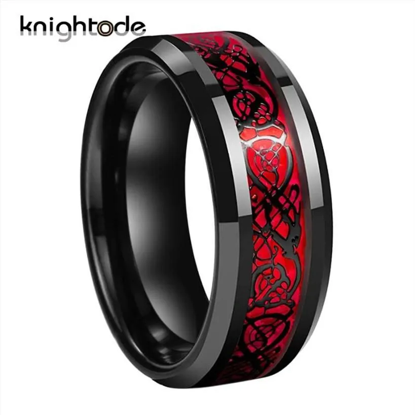 Bague Dragon celtique noir pour hommes, 8mm, anneaux en carbure de tungstène, bandes de mariage en Fiber de carbone rouge, bijoux de Couple à la mode, confort 252C
