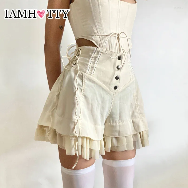 Shorts pour femmes IAMTY Sweet Mesh Jupes à volants à plusieurs niveaux Kaki Large Forme Bandage latéral Pantalon mignon Style Lolita Soft Girls Y2K