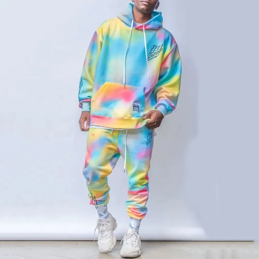 Herenjassen Nanaco Oversized Tie Dye Sport Hoodies Set Heren Met Capuchon 100% Katoen Van Hoge Kwaliteit Kleurrijk Trainingspak Sweatshirts Pakken M 4XL 231219