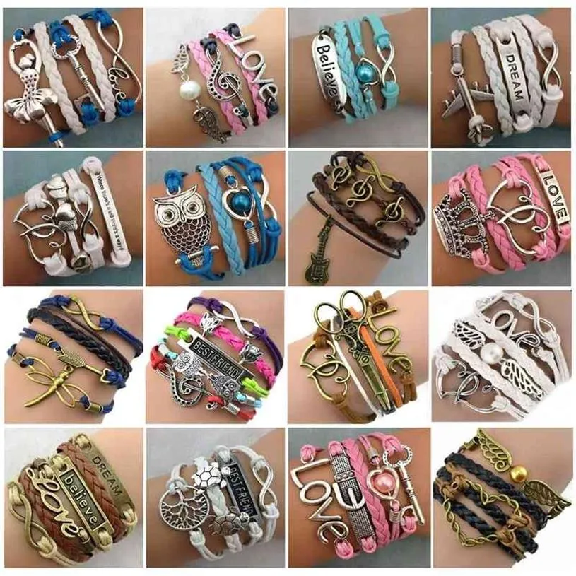 Lot de 30 pièces en cuir multicouches antiques, mélange de styles, amour infini, bijoux pour femmes, 210323233Z