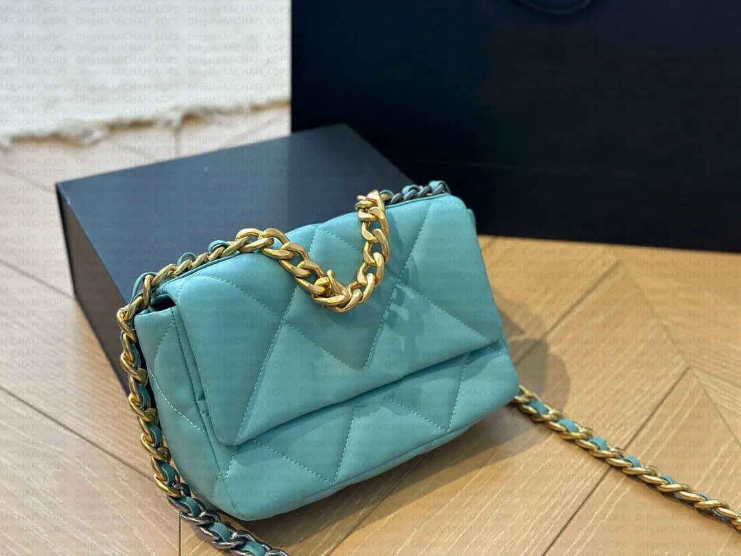 Bolso cruzado de lujo 7A de calidad de espejo 19BAG para mujer con patrón de diamantes, cadena de metal gruesa de cuero genuino, bolso diagonal de diseñador de 20 CM