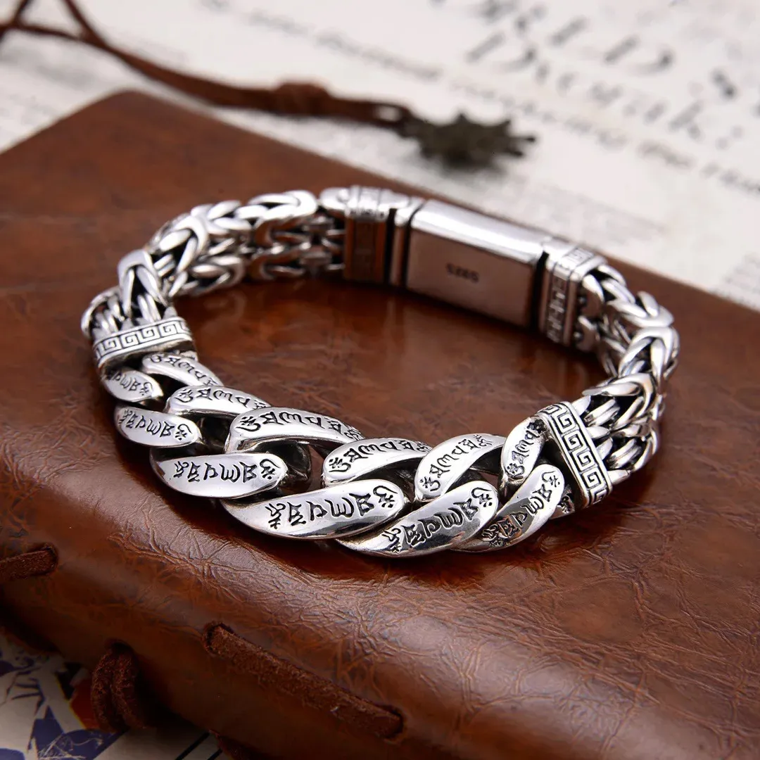 Bracciale rigido in argento sterling S925 certificato originale a sei caratteri Mantra intrecciato Bracciale da uomo Retro catena di personalità prepotente 231219