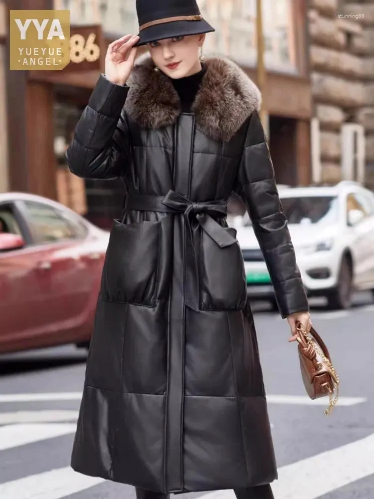 Veste en cuir véritable pour femme, doudoune de bureau, mode hiver, manteau chaud avec fermeture éclair, col en fourrure de luxe, manteau Long en mouton