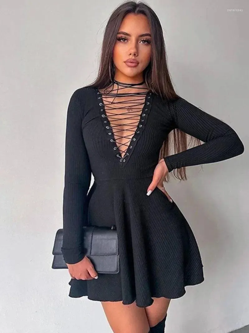 Casual Dresses Fashion Deep V-Neck Bandage Short Party For Women 2023 Winter Long Sleeve High midje Tunic A-Line Black Dress Streetwear