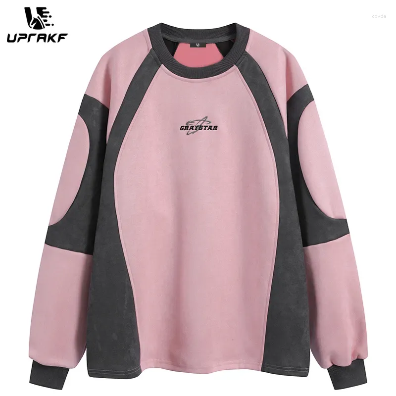 Heren hoodies UPRAKF streetwear hoodie patchwork grafische trui retro suède tops roze lange mouw harajuku hoge kwaliteit en dames