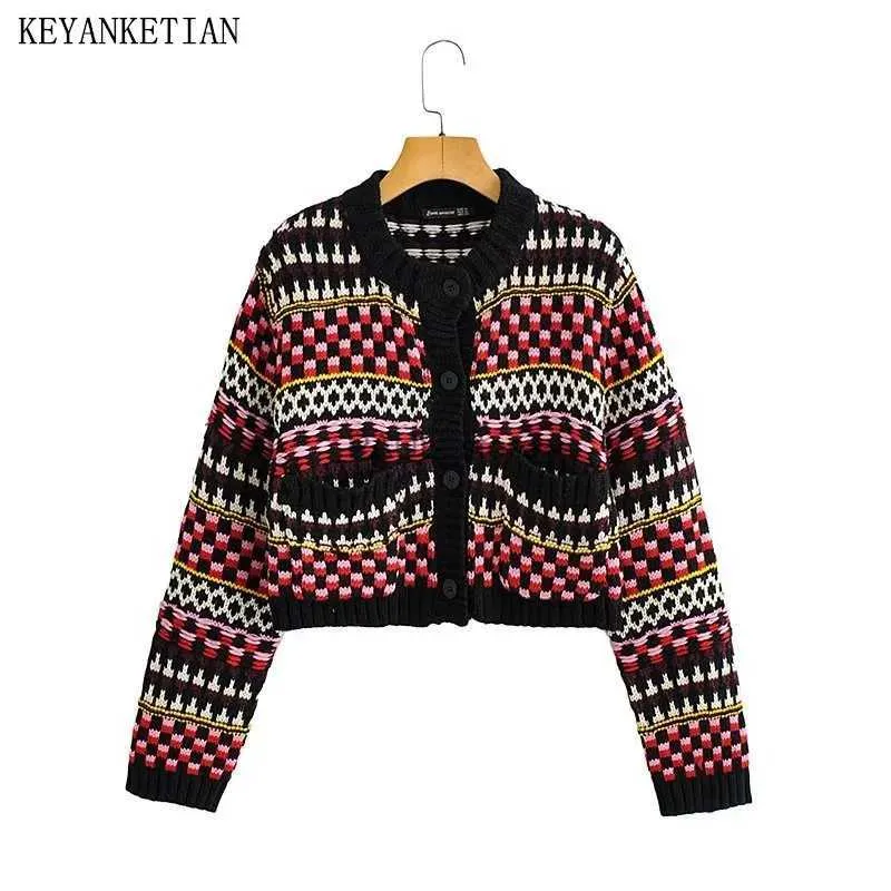 Suéteres femininos Keyanketian outono e inverno feminino vintage jacquard de malha cardigan étnico retrô colorido curto suéter jaqueta mulheres topl231213