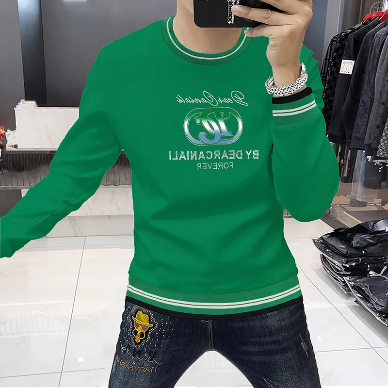 Pull Homme Lettre Impression Manches Longues Col Rond Vert Sweats À Capuche Confortable Tendance Bas Chemise Hiver Nouveau Mode Ville Pull Vêtements