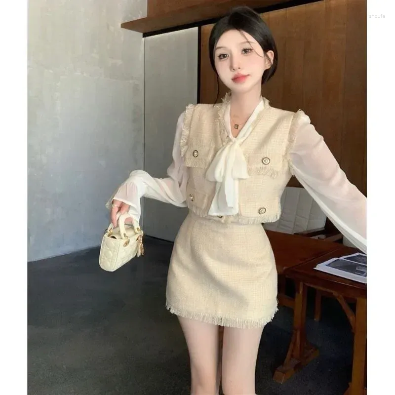 Work Dresses Temperament Coarse Tweed V-neck Coat Skirt Bow Shirt Three Piece Set Women Korean Fashion Tassel Lace Up Solid Slim Autumn Suit