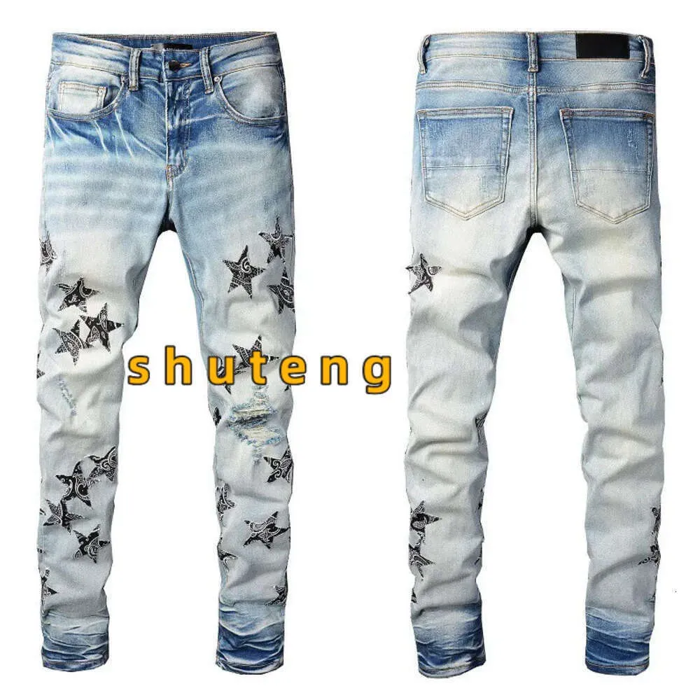 Designer Jeans Herren Denim Stickerei Hosen Mode Löcher Hosen US Größe 28-40 Hip Hop Distressed Zipper Hosen für Männer 2022 Top Verkauf 8587