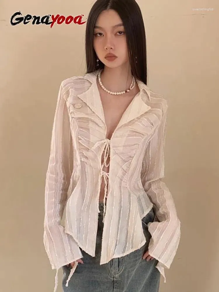 Vrouwen Blouses Genayooa Fairycore Lace Up Blouse Vrouwen Lange Mouw Lente 2023 Turn-down Kraag Shirt Dames Tops Koreaanse mode