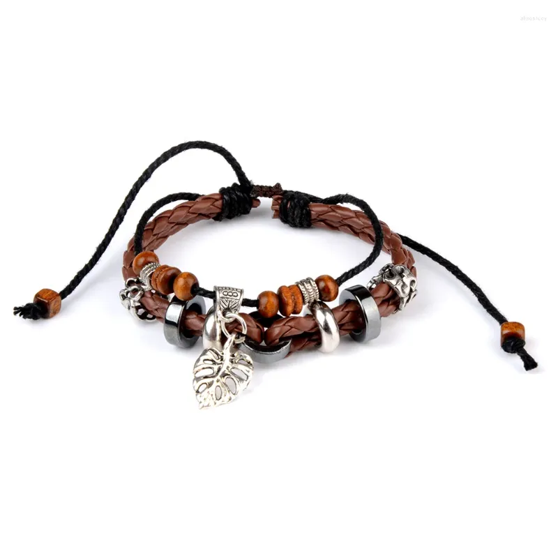 Charm Bracelets Wholesale Wrapped Leather Bracelet For Women Adjustable Leaf Cross Beads Men Fashion Jewelry