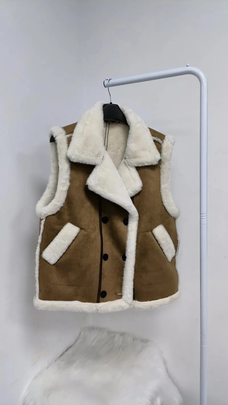 Gilets pour femmes rétro marron Double boutonnage revers gilet veste 23 automne hiver lâche décontracté épais polaire haut sans manches