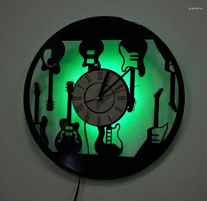 Wall Clocks Modern Design Electronic Guitar Record Clock LED Small Night Light Music Decoration Creative