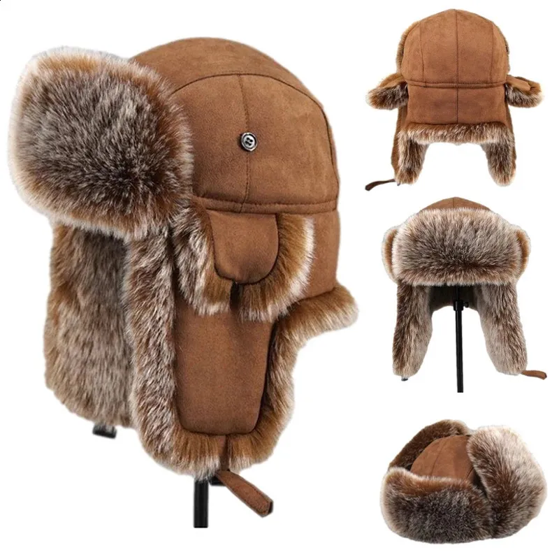 Trapper Hats冬のぬいぐるみ爆撃機男性模倣フェイクファーロシアのUshanka Cap Northeast Unisex Warm Snow Bonnet Earflap 231219