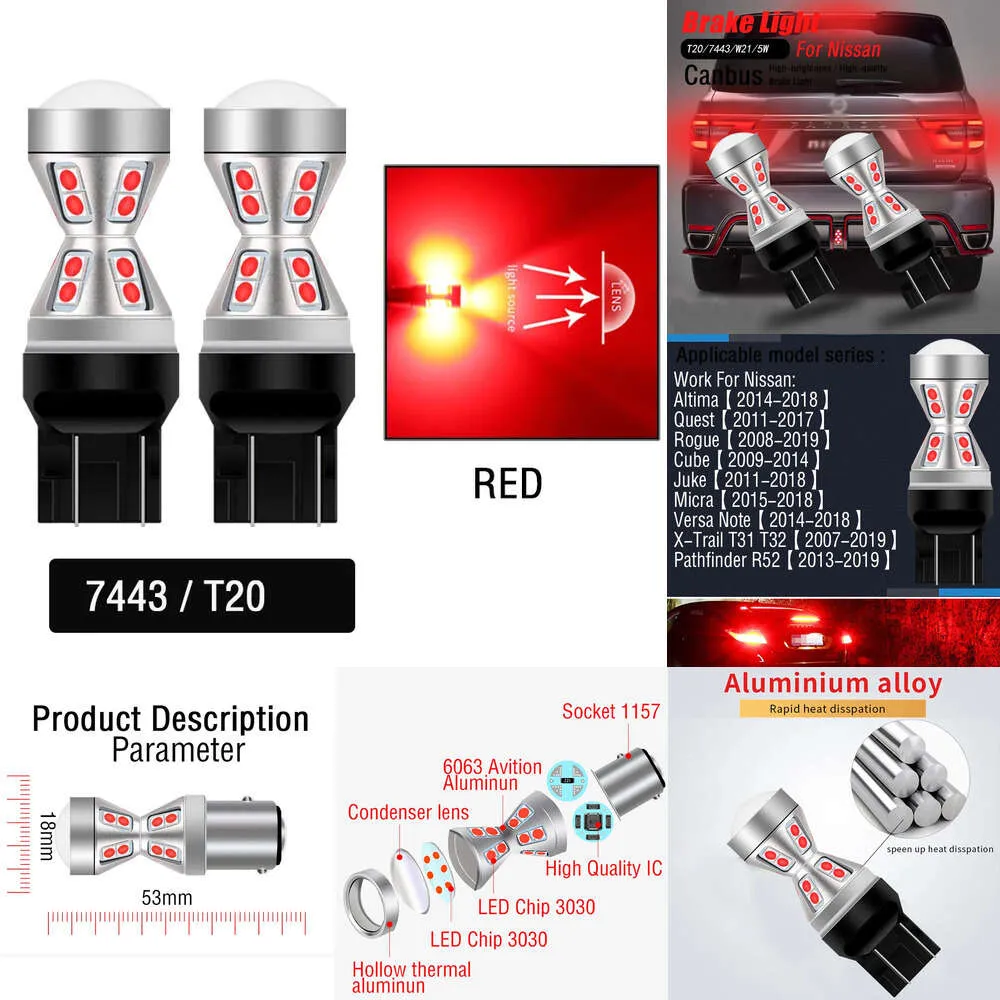 New Decorative Lights 2x LED Brake Light Lamp W21/5W 7443 T20 For Nissan Altima Quest Rogue Cube Juke Micra Versa Note X-Trail T31 T32 Pathfinder R52