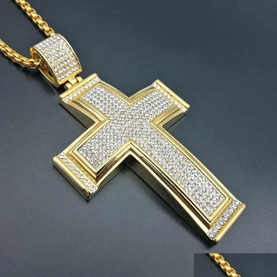 Colares Pingente Hip Hop Iced Out Big Cross Pingente Colar Para Homens 14K Ouro Amarelo Strass Hiphop Christian Jóias Drop Entregar Dh5PV