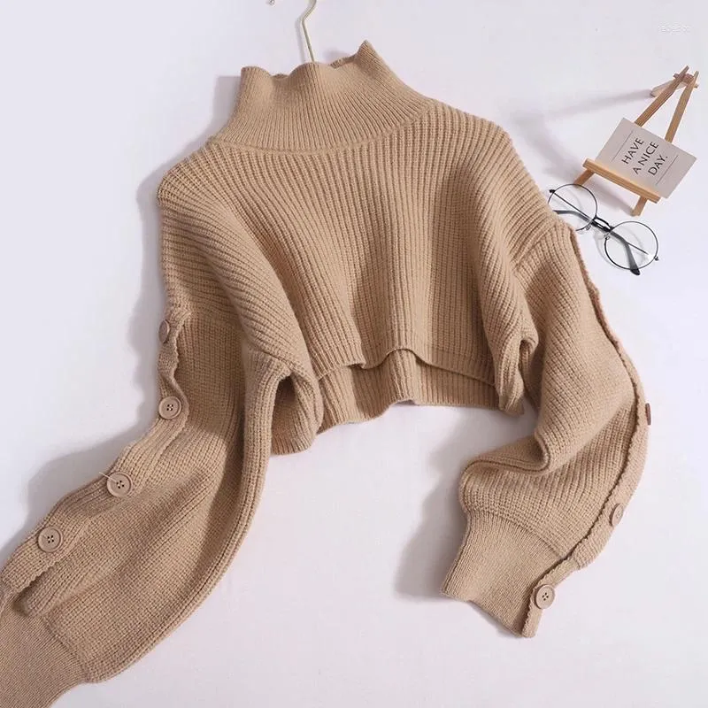 Kadın Sweaters Hikigawa Şık Moda Kadınlar Vintage Yarım Yaka Sonbahar Kazak Kore Fener Uzun Kollu Düğme Kısa Örme