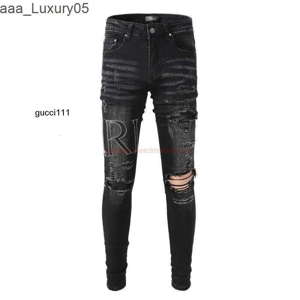 Patch amari amirl amirlies am amis imiri amiiri AM Designerkleidung Alte es Jeans Denim Hosen 844 Neue es Black Hole Made Gesticktes Leder Slim Fit Slp Blau 22 Je DTK6