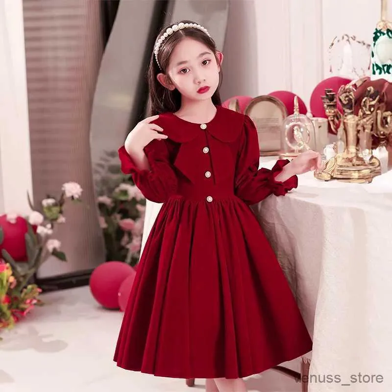 Abiti da ragazza Ragazze Abito di velluto rosso Autunno Inverno Vestiti per bambini Principessa Compleanno Festa serale Ballo di ballo Abiti per bambini per 4-14 anni