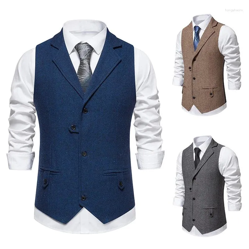 Herrenwesten Männer Anzugweste Fischgrätenstoff Weste Business Hochzeit Lässig Umlegekragen Formelles Partykleid Blazer V11