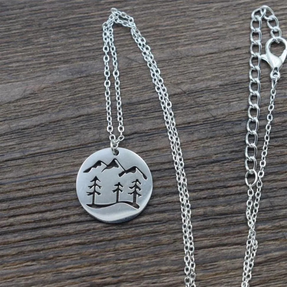 Pendant Necklaces 12pcs Stainless Steel Hollow Pine Tree Umder The Mountain Necklace Outdoor Camping Jewelry202f