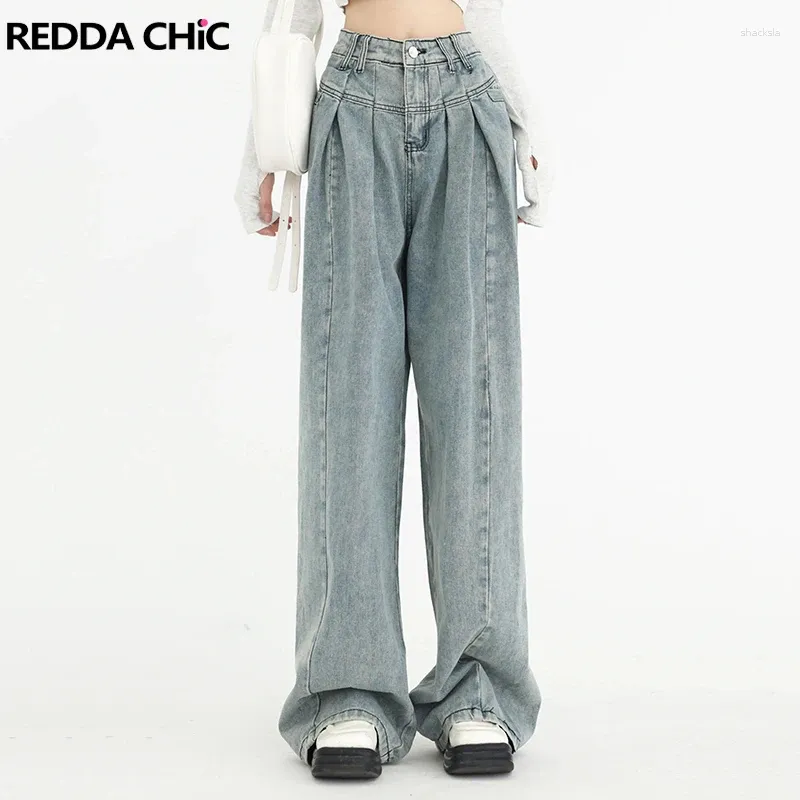Dżinsy damskie Reddachic Acubi Fashion Pleted Woman Worbgy Vintage Y2K Blue Plain Causal szerokie spodnie luźne spodnie spodnie Stylowe ubrania