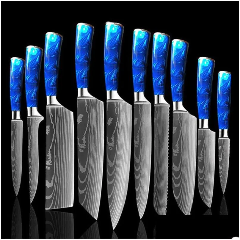 Coltelli da cucina Set di coltelli 10 pezzi Chef professionale giapponese 7Cr17 Acciaio inossidabile Laser Damasco affilato Santoku Maniglia in resina blu Drop Dh7Hn