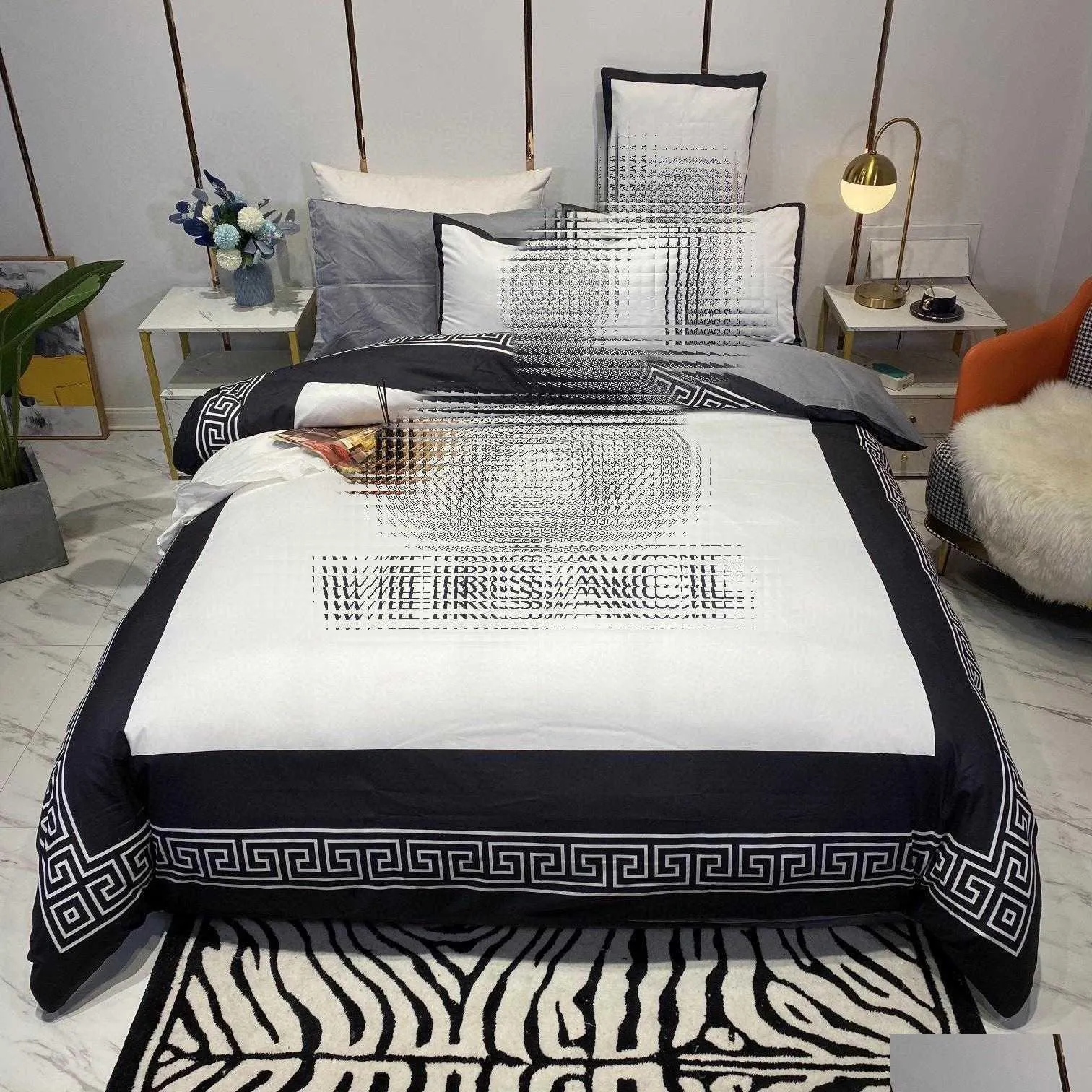 Conjuntos de cama Luxo Laranja Rei Designer Algodão Cavalo de Ouro Impresso Queen Size Duvet Er Folha de Cama Moda Drop Delivery Home Garden T Dhnle