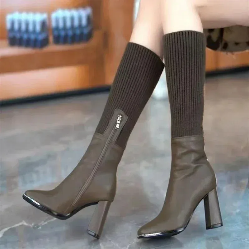 Buty 2023 Women High Heels Buty dzianinowe Chunky Chelsea Brand Winter Zipper Mid Calf Pumps Square Tose Fad Sock Botas 231219