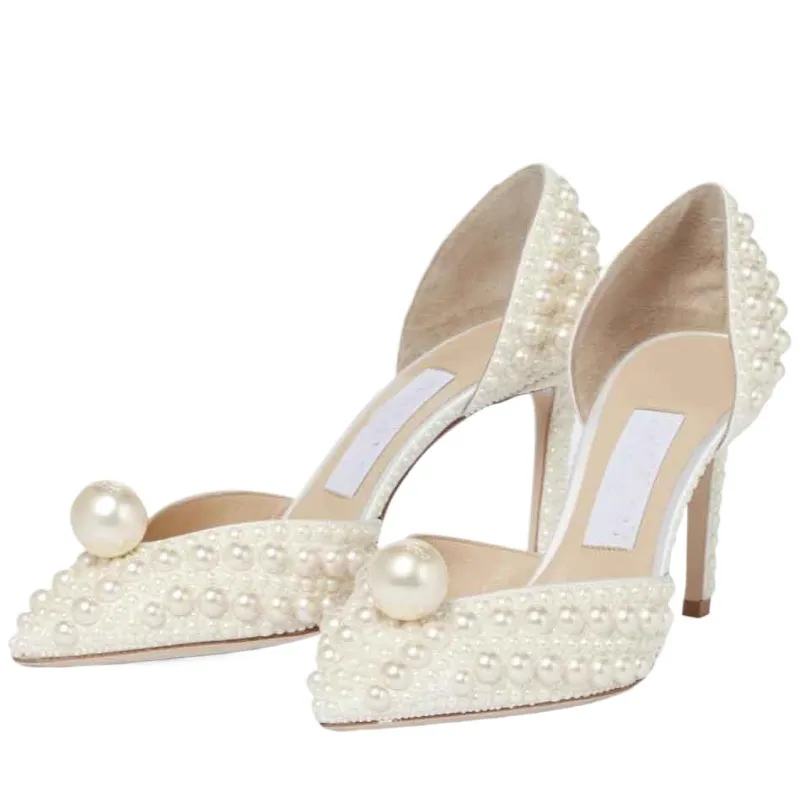 Mujer Elegante vestido de novia nupcial Zapatos Sacora Sandalias de dama Perlas blancas Cuero Marcas de lujo Tacones altos Mujer Zapato de tacón para caminar Caja original EU35-43