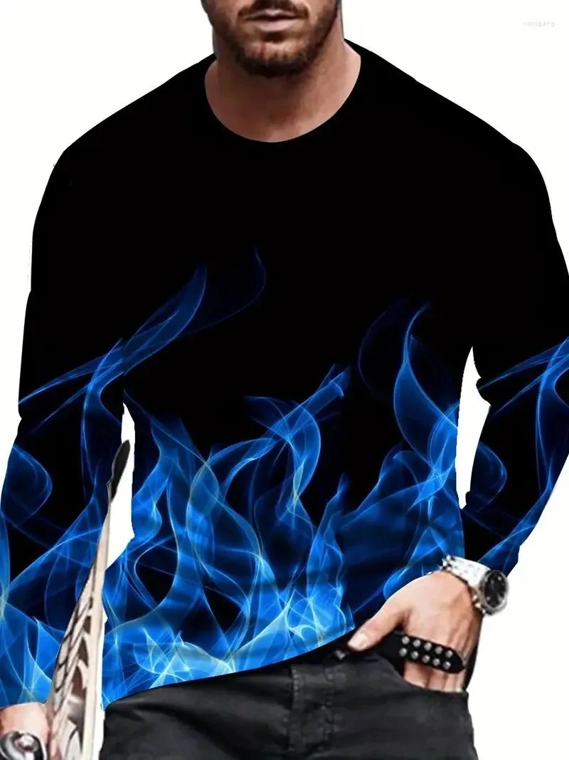 Camiseta masculina 3D Digital Flame Print Moda manga comprida gola redonda camiseta casual para primavera outono