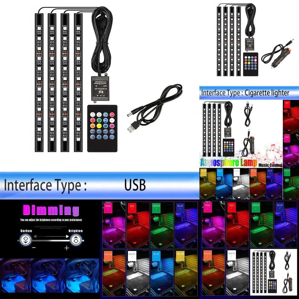 New Decorative Lights Car LED Strip Lamp Foot Floor Decoration Bulb RGB Interior Atmosphere Light Auto USB Wireless Remote Music Control Multiple Mode