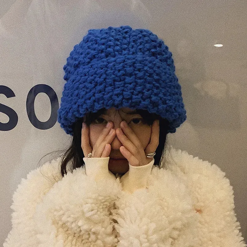 Beanie Skull Caps Knitted beanie Pineapple Pattern Woolen Hat Ins Winter Wild Klein Blue Solid Color Beanies Hats Bonnets for Women 231219