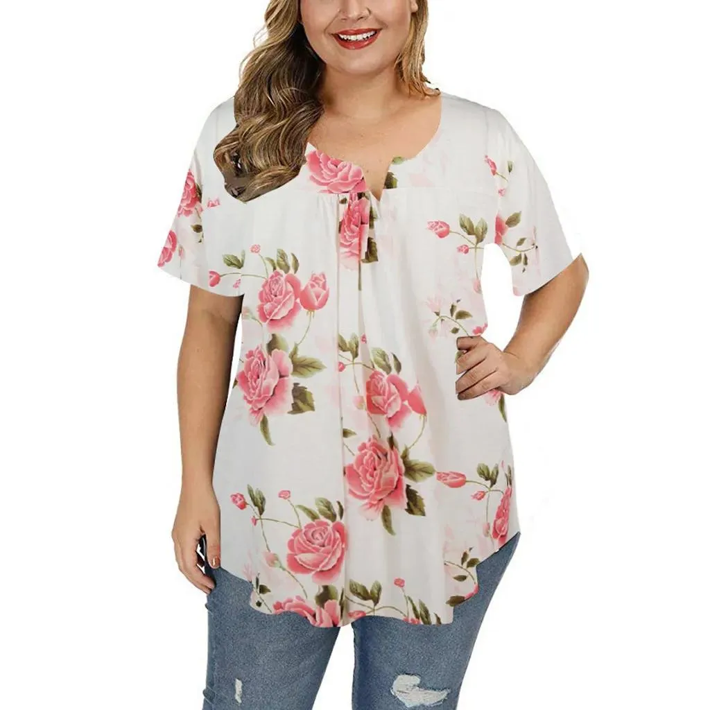 Tops Big size 5XL Summer Woman Tshirt Short sleeve button printed tshirts female Fat MM plus size women clothing large size tops