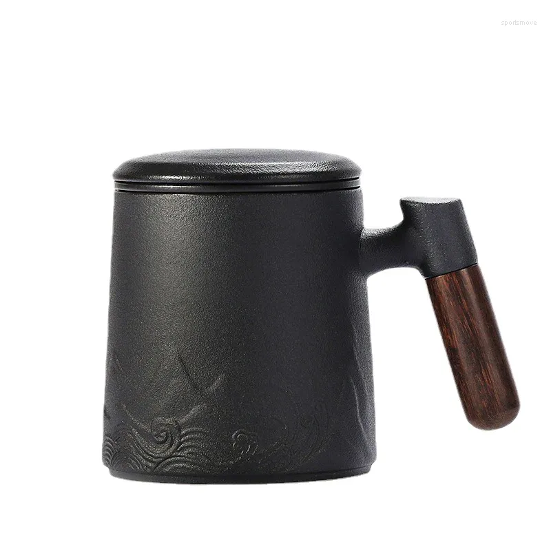 Tazze Tazza in ceramica nera con filtro Tazza da tè in stile giapponese Caffè da esterno portatile Coperchio da viaggio Ufficio Acqua per la casa Regalo