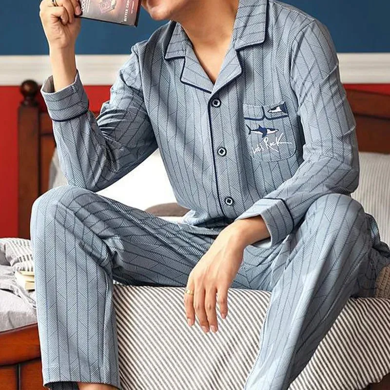 Mäns Sleepwear Spring 100 Cotton Pyjamas Men Lounge Blue Plaid Pijama Mans Warm Bedgown Home Clothes PJ Pure Hombre Invierno 231219