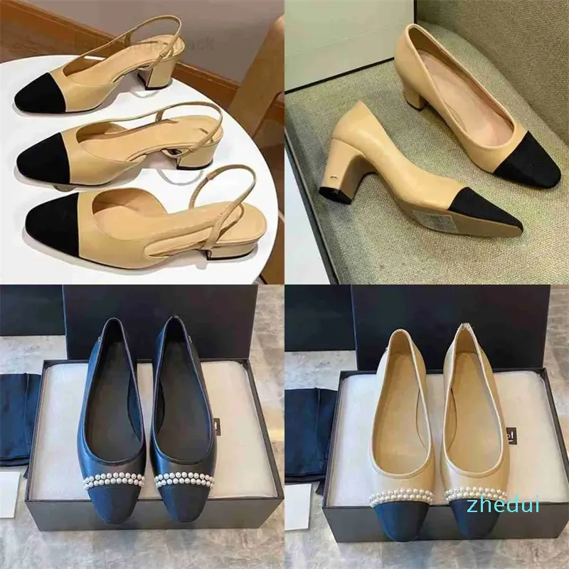 Black Beige Leather Nylon Women's Sandals Interlocking Calfskin Pump Toe Cap Slingbacks Slides Party Dress Shoes Mid Block Heels Mules Slider Formal