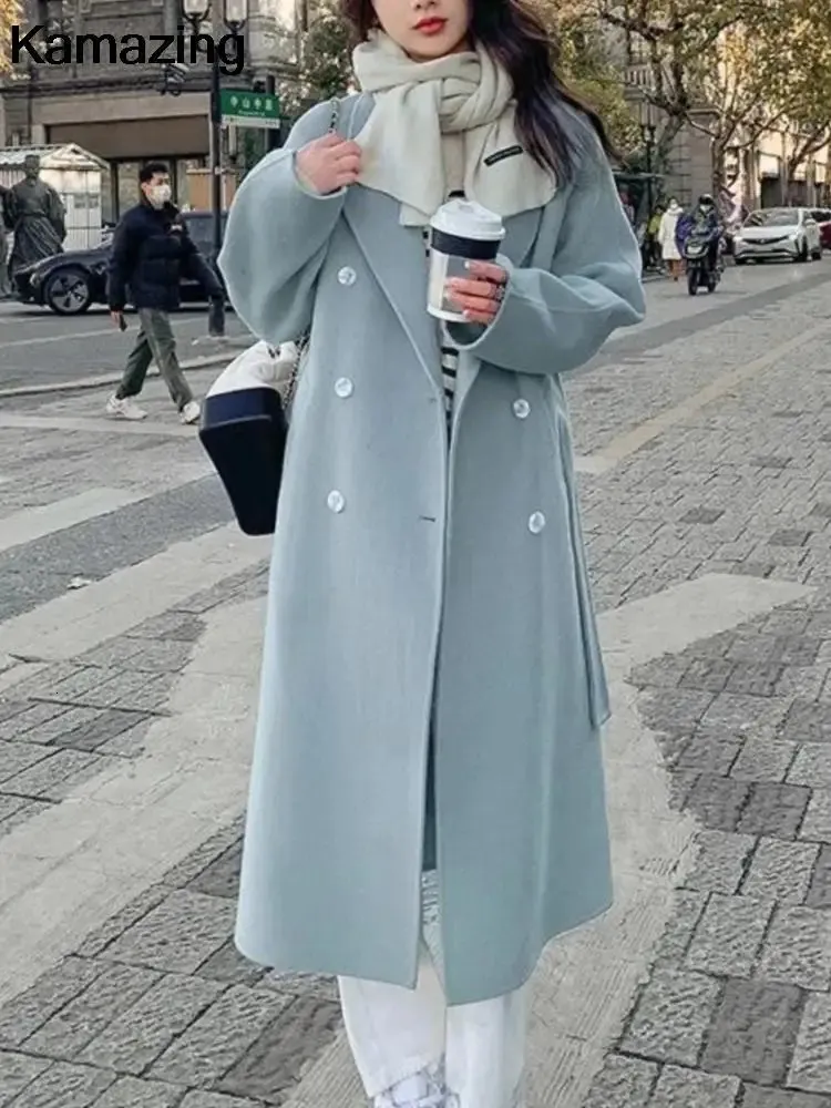 Женское полушерстяное пальто на осень-зиму, свободное шерстяное пальто для женщин, повседневная однотонная верхняя одежда с поясом, корейская мода, шикарное женское пальто, одежда 231218