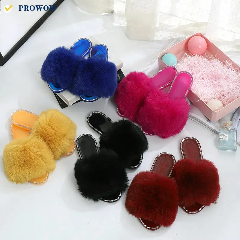 PROWOW Four Seasons Fur for Women Round Head Lady's Flat Bottom Imitation Rabbit Hair Slippers Home Outside Slides 7493 231219
