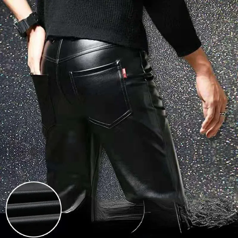 Pantaloni da uomo in pelle Slim Fit PU elastico monostrato moda pantaloni da moto uomo impermeabile antiolio giovane 231218