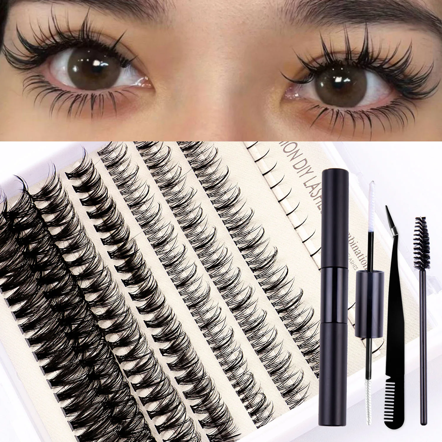 Natural Dense Grafted False Eyelashes Set with Lash Bond & Seal Tweezer Brush Hand Made Reusable 220 Clusters Lashes Individual Eyelashes DHL