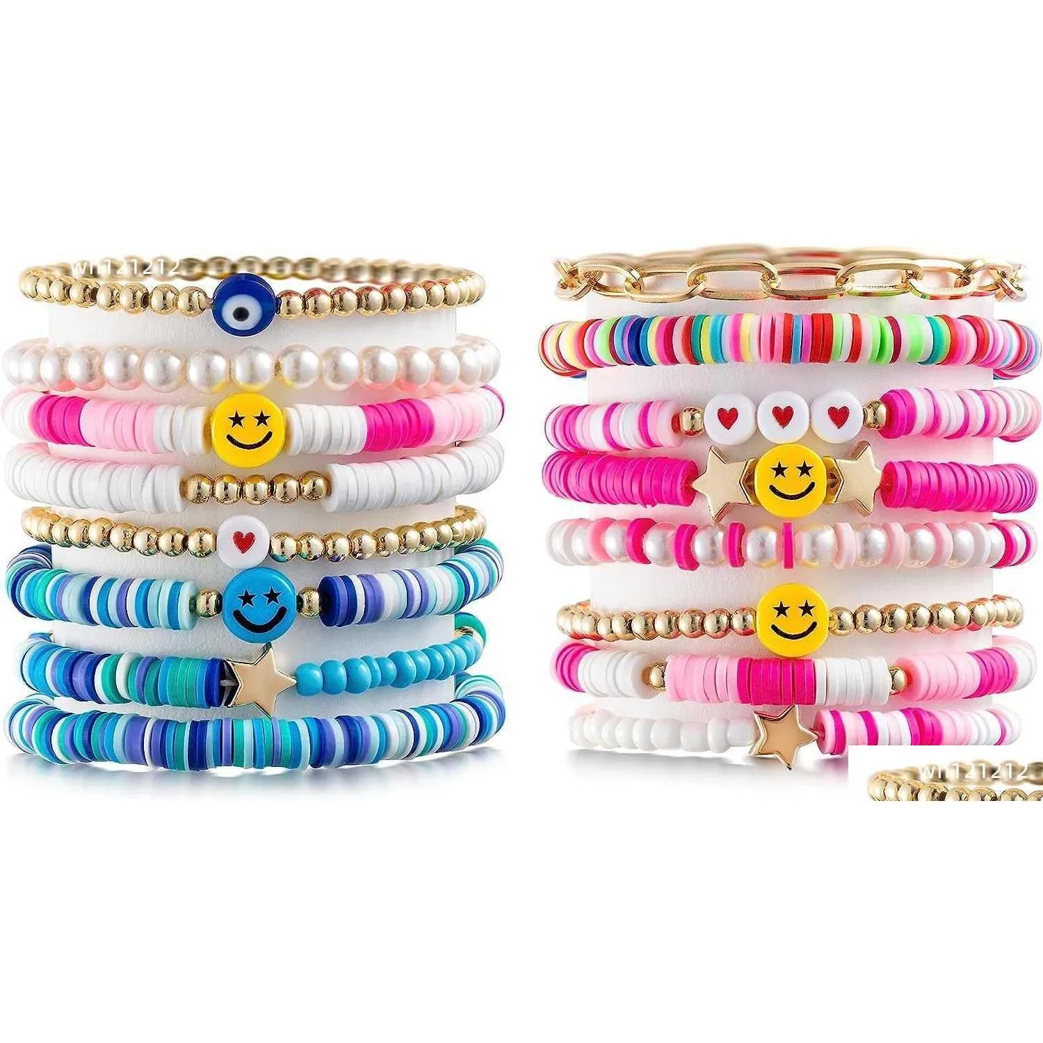 Colares de pingente Lietoi Preppy Heishi Pulseiras Set Colorf Branco Ouro Coração Estrela Evil Eye Frisado Polímero Argila Pérola Empilhável Charme Dh6TT