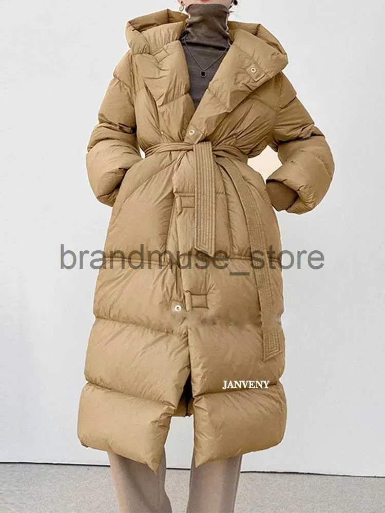 Women's Down Parkas Janveny 2022新しい特大のフード付き冬用パフジャケット女性ソリッドフィックウォームサッシは、膝の上に白いアヒルを縛りますJ231219