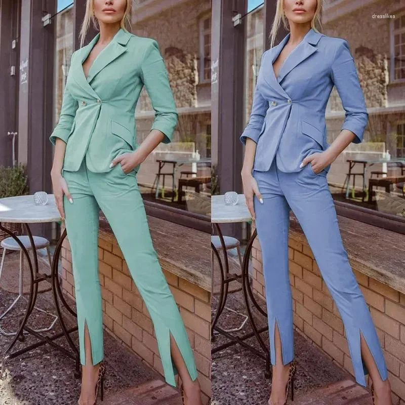 Kvinnors tvåbitar byxor Eleganta kvinnor Set Y2K Outfits Office Lady Long Sleeve Corset Button Blazer Jacket Coat Skinny Slit Suit