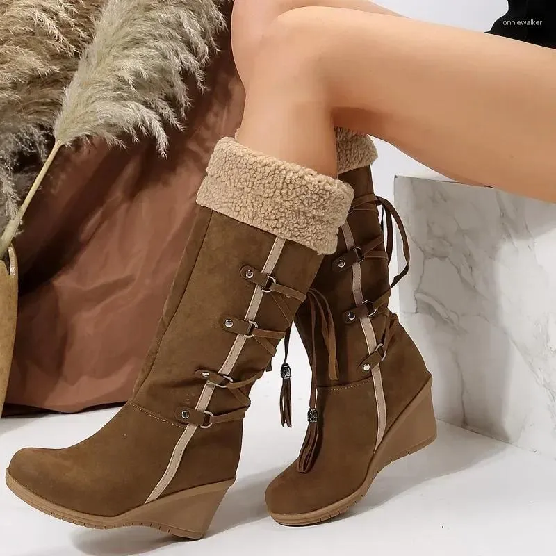 Laarzen 42 Maat Dames Rome 2023 Winter Pluche Warm Kaki Lange Comfortabele Sleehak Dames Dij Hoge Botas Altas Mujer