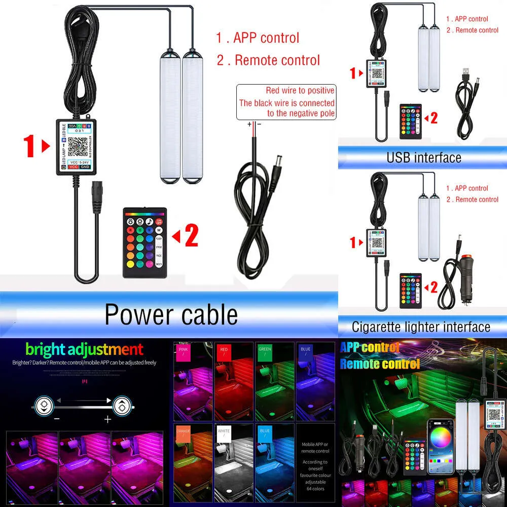 Nouvelles lumières décoratives 2 pièces LED pied de voiture lumière ambiante USB allume-cigare rétro-éclairage contrôle de la musique App RGB Auto intérieur lumières d'ambiance décoratives